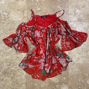 Red 🌸 Cherry Blossom Floral Smock Blouse Dress